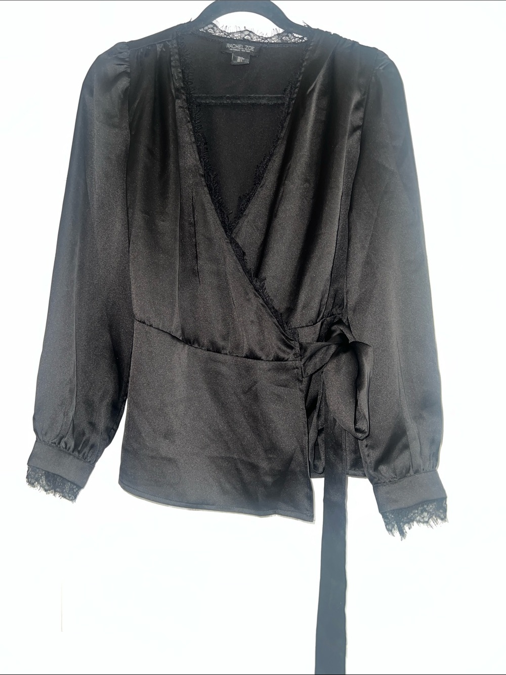 Rachel Zoe Black Satin Lace-Trim Wrap Top